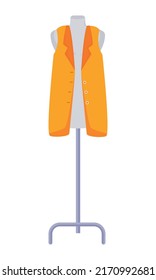 Sewing mannequin with orange jacket semi flat color vector object. Making clothes for casual wearing. Full sized item on white. Simple cartoon style illustration for web graphic design and animation