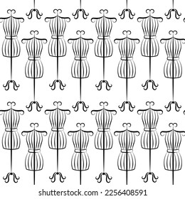 Sewing mannequins seamless pattern. Vector black and white background. Repeat illustration of vintage mannequin model. 