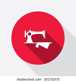 Sewing manual machine. Home vintage equipment. Round red circle flat icon with long shadow. Vector