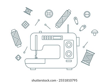 Nähmaschine und Schneideelemente in Umrissen. Zubehör, Werkzeuge für Atelier, Schneider. Elemente für Nadelarbeit, handgefertigt, Hobby. Nähen oder Kleidung Designerkonzept. Vektorgrafik in Linie