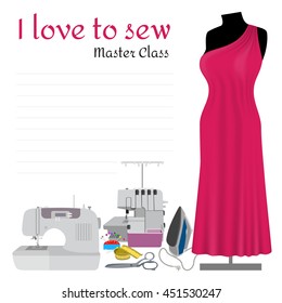 Sewing Master Class Invitation. Collection items for making dress. 