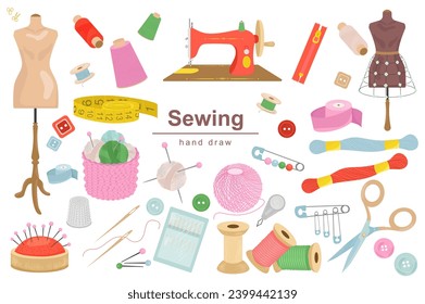 Sewing mega set in flat design. Bundle elements of mannequin, thread spools, sew machine, fastener, measuring tape, pins, scissors, buttons and other. Vector illustration isolated graphic objects