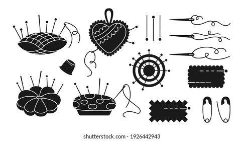 Sewing needle bed black glyph set. Needles, pins in pillow. Dressmaking needlework tools. Fashion design, dressmaking, sewing workshop, tailoring concept hobby or work. Isolated vector illustration