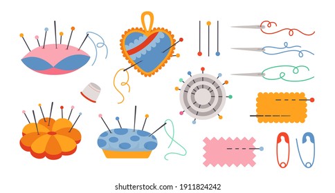 Nähen der Nadel Cartoon Set. Nadeln, Nadeln im Kissen. Werkzeuge für die Herstellung von Nadeln. Modedesign, Zurichtung, Nähwerkstatt, maßgeschneidertes Konzept Hobby oder Arbeit. Einzelne Vektorgrafik