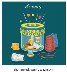 sewing, needle bed, thread, needles, vector