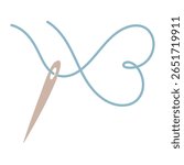 sewing needle with a blue thread lies in the shape of a heart. line of love. Love for sewing, embroidery, handicrafts. flat color illustration. hobby, creative activity, profession, and symbol of love