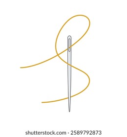 A sewing needle with gold thread forming an S shape threaded through the eye of the needle in vector
