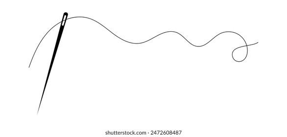 Sewing needle icon with a long black thread illustration.