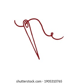 sewing needle isolated on white background. red outline. hand drawn vector. tailor icon. sewing cloth. hobby symbol. doodle for kids, logo, sticker, cover, banner, poster, clipart. traditional sewing.