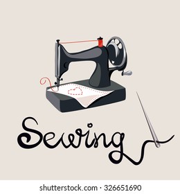 sewing, needle, lettering, sewing machine. vector illustration