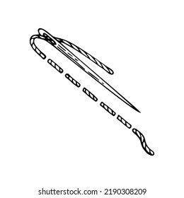 Sewing needle line art. Sewn thread line. Tailors tool. Hand embroidery. Hand drawn vector illustration.