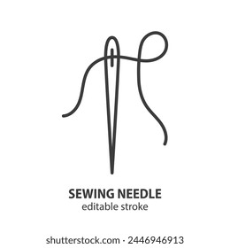 Sewing needle line icon. Tailor equipment outline symbol. Editable stroke. Vector illustration.