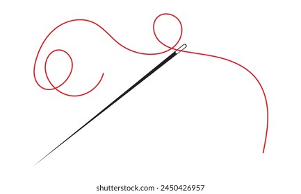 Sewing needle with a long red thread. Vector needle and red thread icon on a white background. Vector illustration. EPS 10