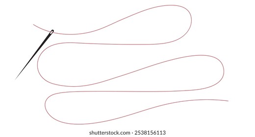 Sewing needle with a long red thread. Vector needle icon on a white background .Vector illustration. eps 10