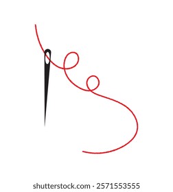 Sewing needle with a long red thread. Vector needle and red thread icon on a white background. Vector illustration. 