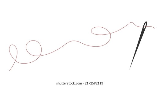 Sewing needle with a long red thread.Vector needle icon on a white background.Vector illustration