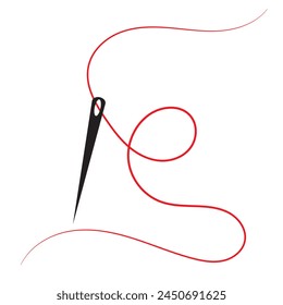 Sewing needle with a long red thread.Vector needle icon on a white background.Vector illustration