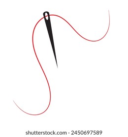 Sewing needle with a long red thread.Vector needle icon on a white background.Vector illustration