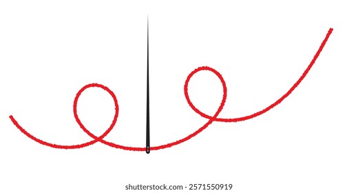 Sewing needle with a long red thread.Vector needle icon on a white background.Vector illustration
