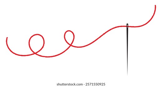 Sewing needle with a long red thread.Vector needle icon on a white background.Vector illustration
