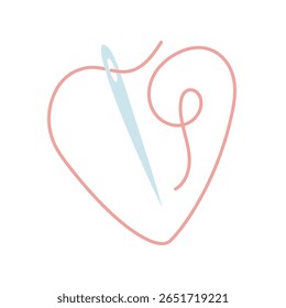 agulha de costura com um fio rosa está na forma de um coração. linha de amor. Amor para costurar, bordado, artesanato. ilustração de cor plana. hobby, atividade criativa, profissão e símbolo do amor