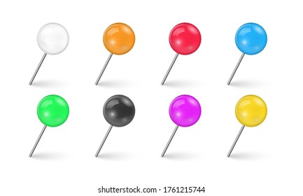 Sewing needle or plastic push pins tacks for paper notice. Set of colorful push pin tack in different foreshortening isolated on white background. Realistic thumbtacks. Vector illustration, eps 10.