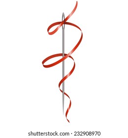 Aguja de coser con cinta roja, aislada en blanco, ilustración vectorial