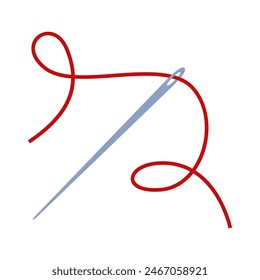 Sewing needle with red thread. Accessory for tailoring. Vector