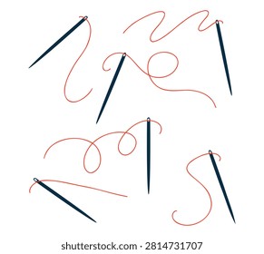 Sewing needle with red thread in flowing loop design. Minimalist line art icon with black needle and vibrant red thread isolated on white.