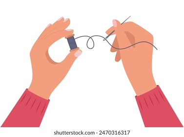 Sewing needle with red thread in human hands. Accessory for tailoring. Vector