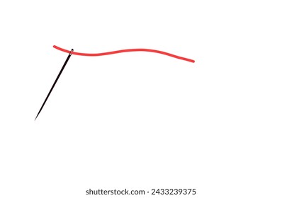 Sewing needle with a red thread through it on a white background
