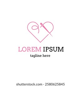 Sewing with needle related logo, can be used as fashion, clothing and personal brand industry vector illustration with dummy outlined text on white isolated background.