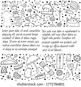 Sewing .Needle, thimble, mannequin, thread, buttons, umbrella on a white background.  Vector isolated illustration with a set of elements for sewing. Sewing profession.