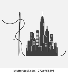 Nähnadel mit Faden, der eine Stadtlandschaft-Silhouette bildet