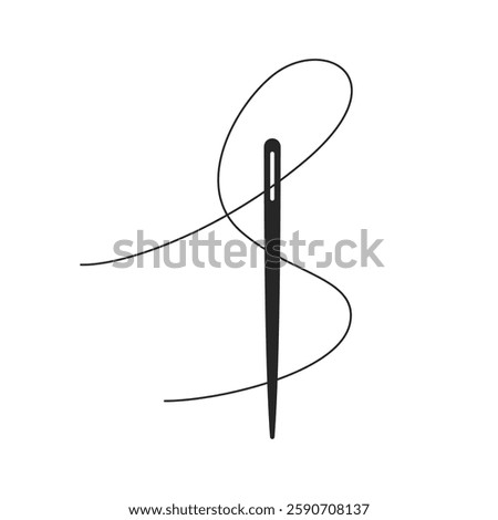 A sewing needle with thread forming an S shape threaded through the eye of the needle in silhouette vector