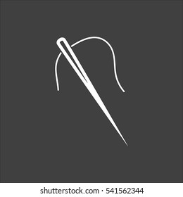 Sewing needle with thread icon flat. Vector white illustration isolated on black background. Flat symbol