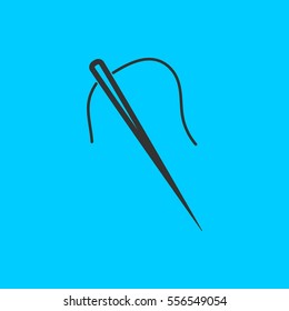 Sewing needle with thread icon flat. Simple vector black pictogram on blue background