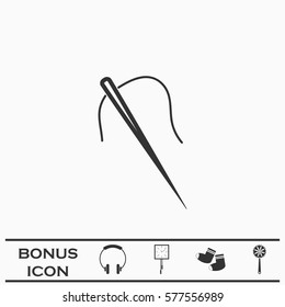 Sewing needle with thread icon flat. Black pictogram on white background. Vector illustration symbol and bonus button