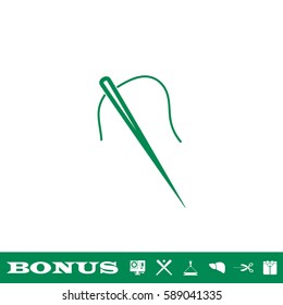 Sewing needle with thread icon flat. Green pictogram on white background. Vector illustration symbol and bonus button