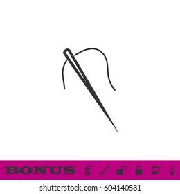 Sewing needle with thread icon flat. Black pictogram on white background. Vector illustration symbol and bonus button