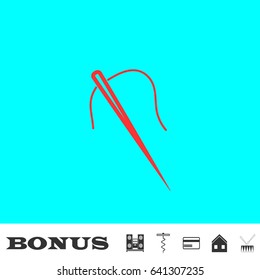 Sewing needle with thread icon flat. Red pictogram on blue background. Vector illustration symbol and bonus buttons Music center, corkscrew, credit card, house, drum