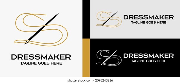 sewing needle and thread icon shaped letter s. logo design template for tailor shop, sewing craft, textile production, confetti and garment. Vector illustration of fashion and clothes.