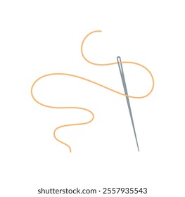 Sewing needle and thread logo, flat fashion tool object, hand drawn sewing decoration design, cartoon tailor supplies element, vector embroidery accessories illustration,