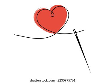 Sewing needle with thread red heart shape. Line in heart shape. Love decoration design background. Vector illustration.