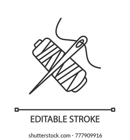 Sewing needle with thread spool linear icon. Thin line illustration. Tailoring. Contour symbol. Vector isolated outline drawing. Editable stroke