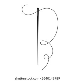 Sewing needle with thread vector illustration black and white