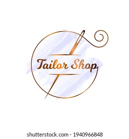 Sewing Needle Watercolor Logo. Tailor Shop With Thread On White Background