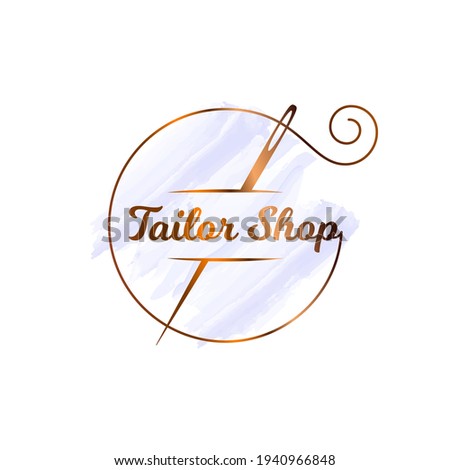 Sewing needle watercolor logo. Tailor shop with thread on white background