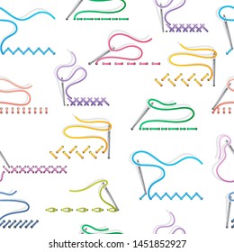 Sewing needles on white background with embroidery stitches