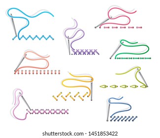 Sewing needles on white background with embroidery stitches